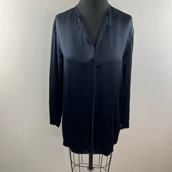 VINTAGE Elie Tahari Black Top Silk Split-Neck Bell Sleeve Pullover Size Large L - Picture 2 of 10